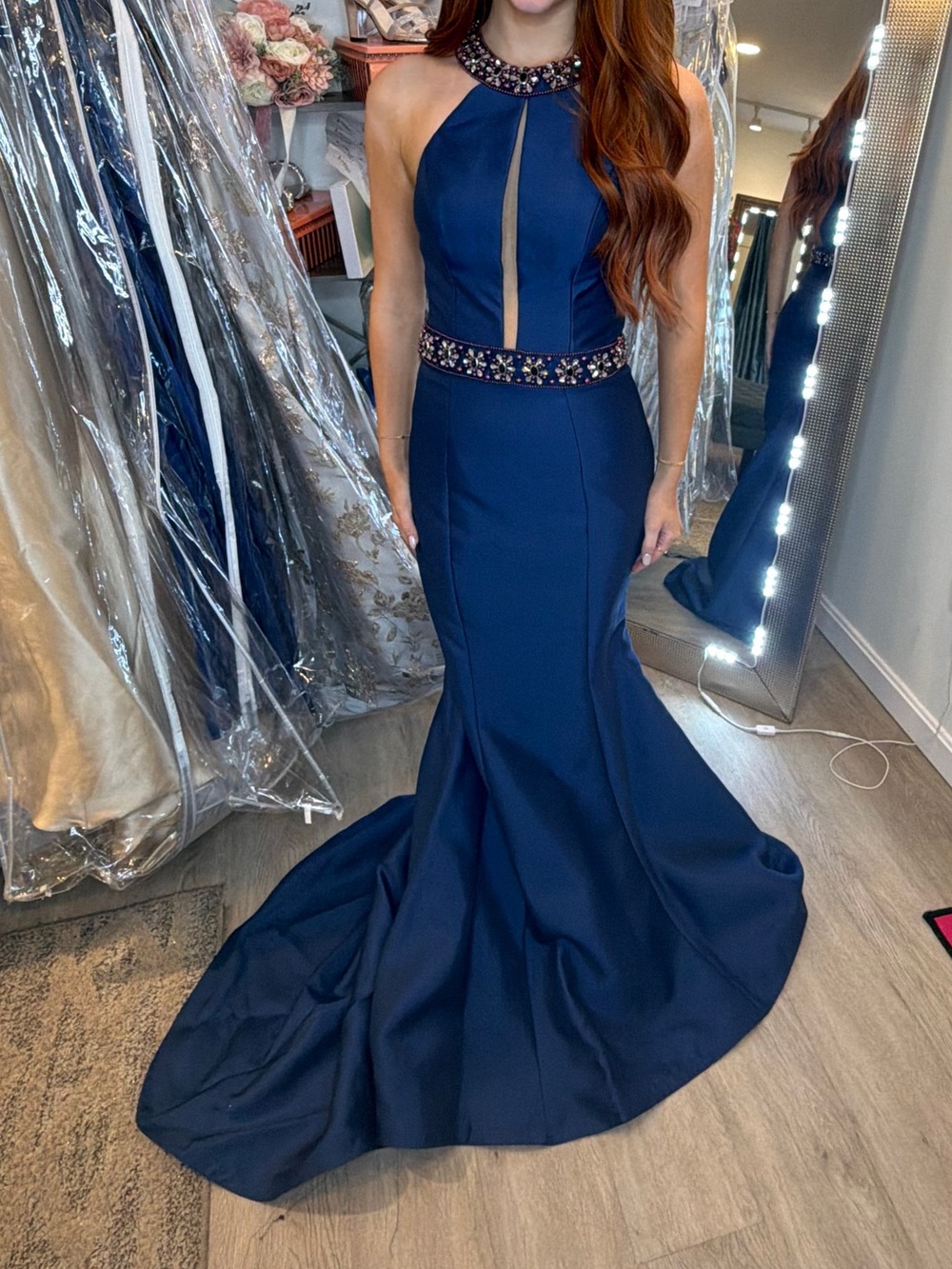 Tarik Ediz Navy Jeweled Halter Mermaid Gown